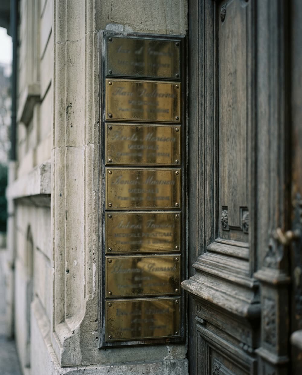 Plaques de laiton de cabinets médicaux à l'entrée d'un immeuble genevois