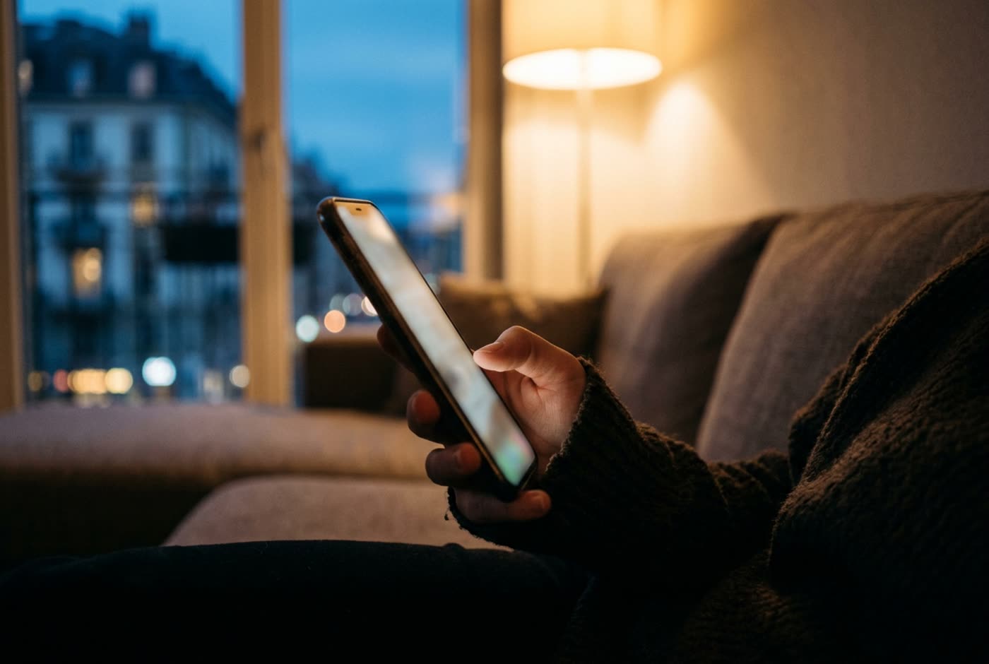 Une main tient un téléphone le soir, dans un salon éclairé par une lampe